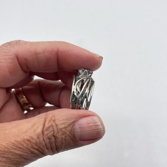 Handcrafted 925 Silver Ring With Large Clear Gemstone Intricate Band Design Size - Picture 8 of 10